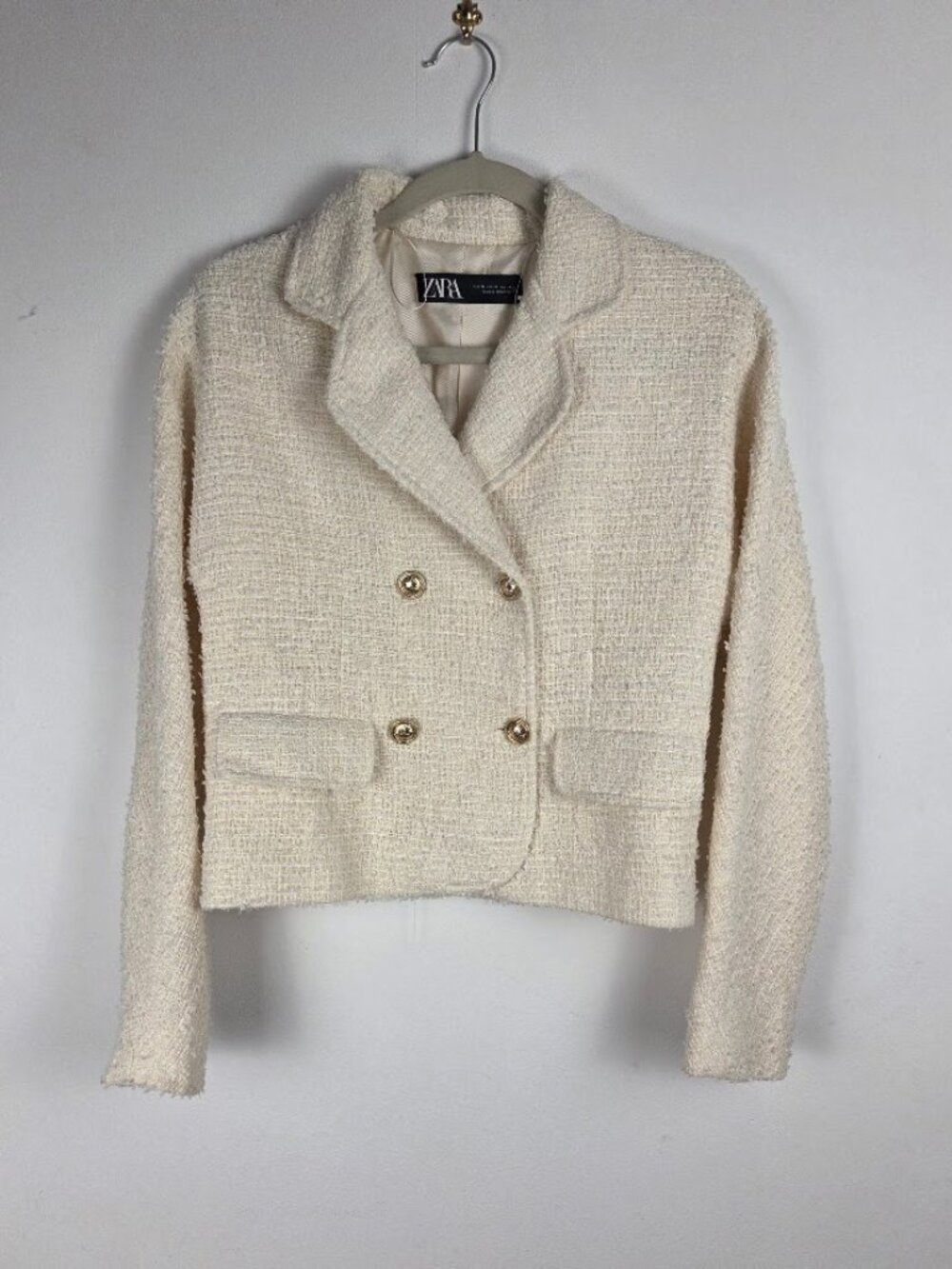 ZARA Cream Textured Bouclé Tweed Double-Breasted Cropped Blazer Gold Buttons XS